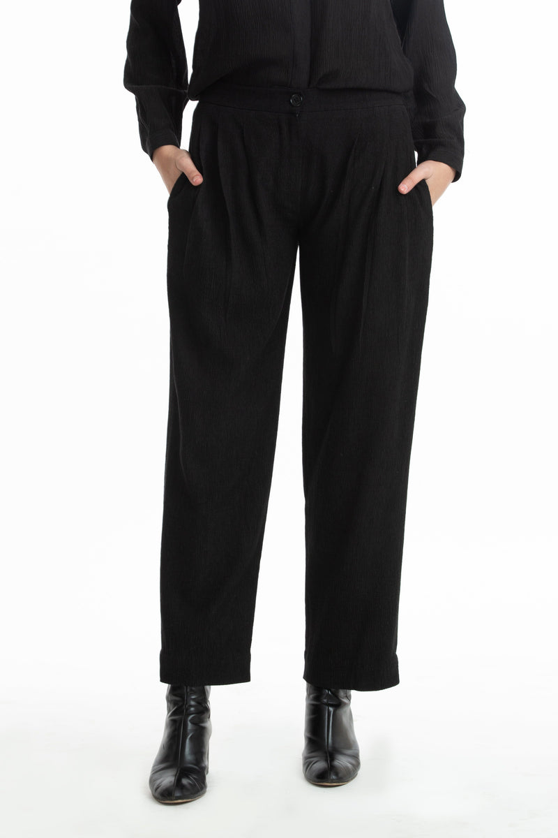 Handwoven Balck Pintuck Panelled Trousers Bottoms by Akaaro for women in Singapore