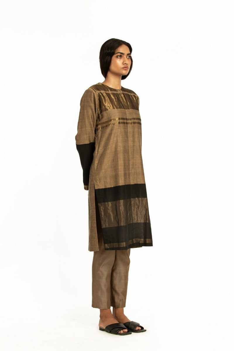 Handwoven Beige Black Engineered Front Placket Tunic Fashion Akaaro