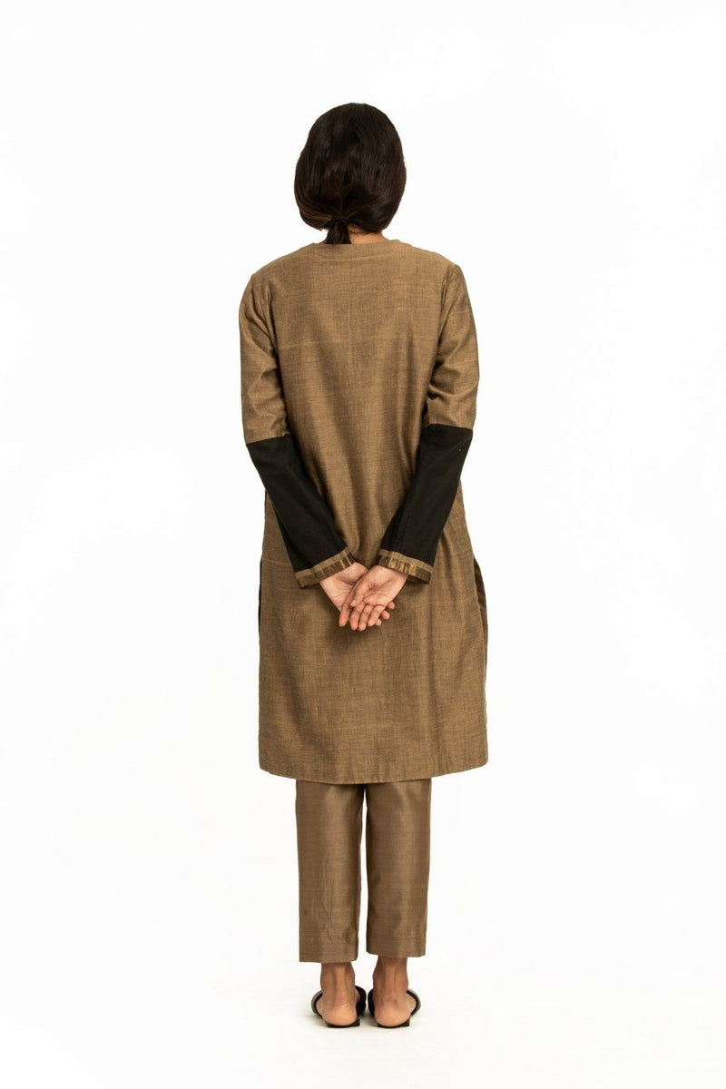 Handwoven Beige Black Engineered Front Placket Tunic Fashion Akaaro