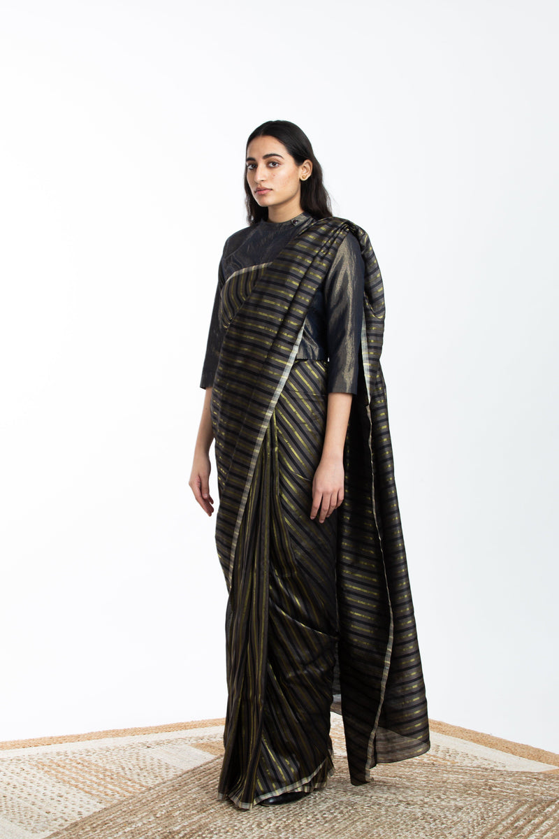 Handwoven Black Brown Gold Striped Silk Sareee Sarees by Akaaro for women in Singapore