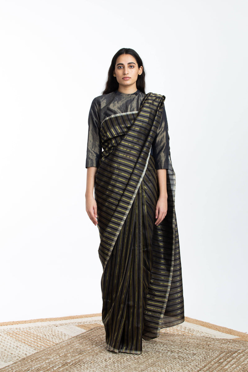 Handwoven Black Brown Gold Striped Silk Sareee Sarees by Akaaro for women in Singapore