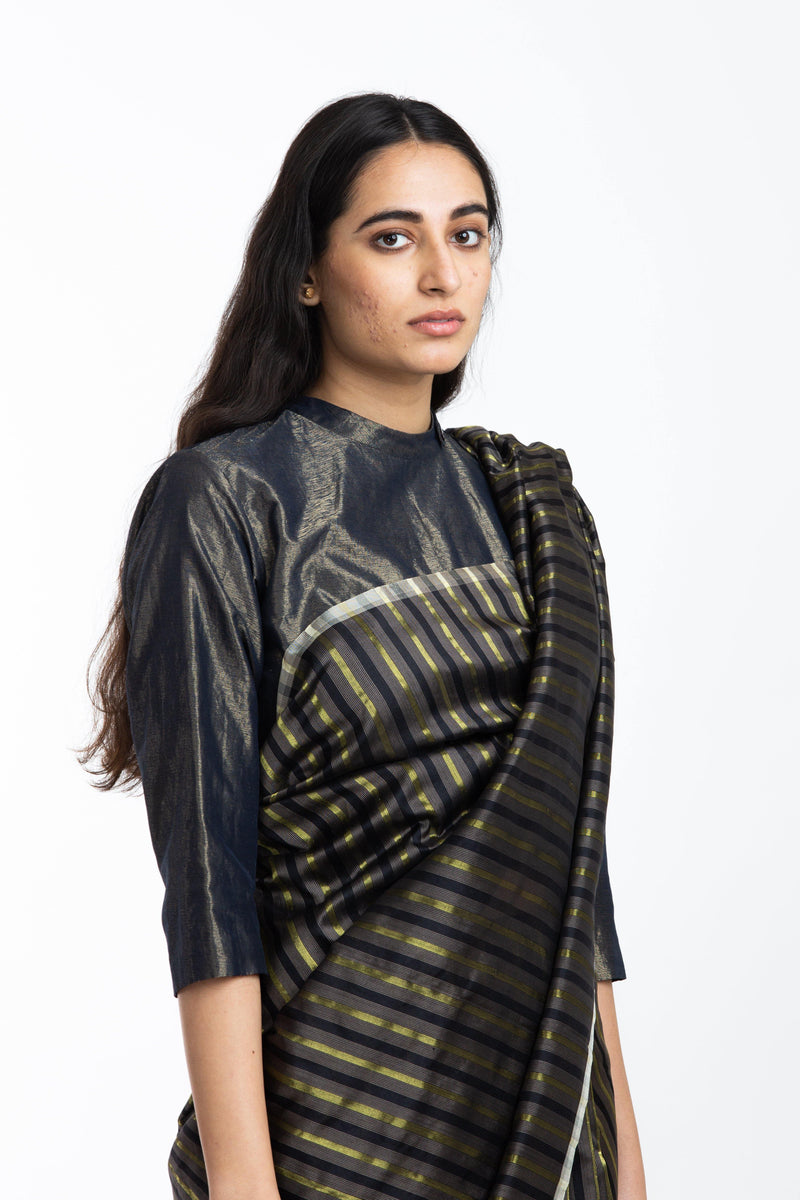 Handwoven Black Brown Gold Striped Silk Sareee Sarees by Akaaro for women in Singapore
