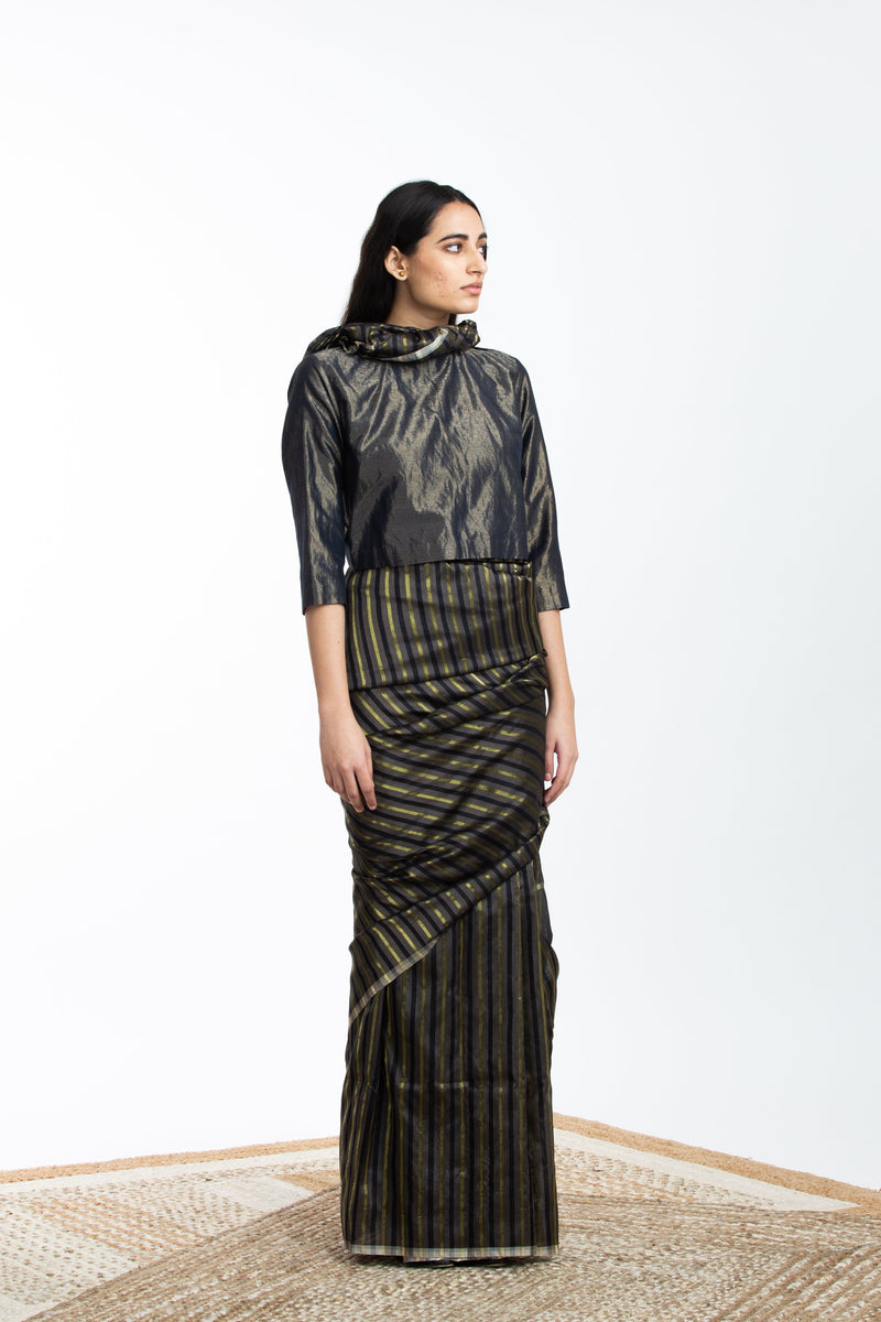 Handwoven Black Brown Gold Striped Silk Sareee Sarees by Akaaro for women in Singapore