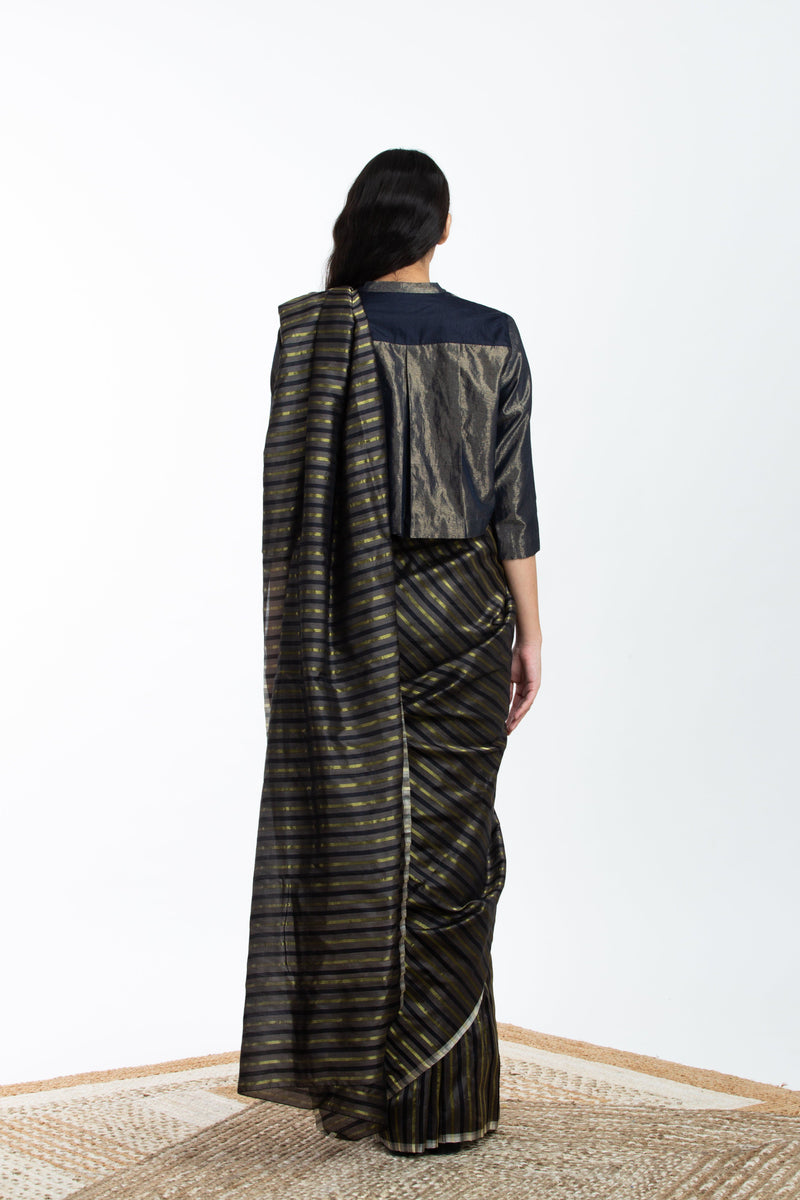 Handwoven Black Brown Gold Striped Silk Sareee Sarees by Akaaro for women in Singapore