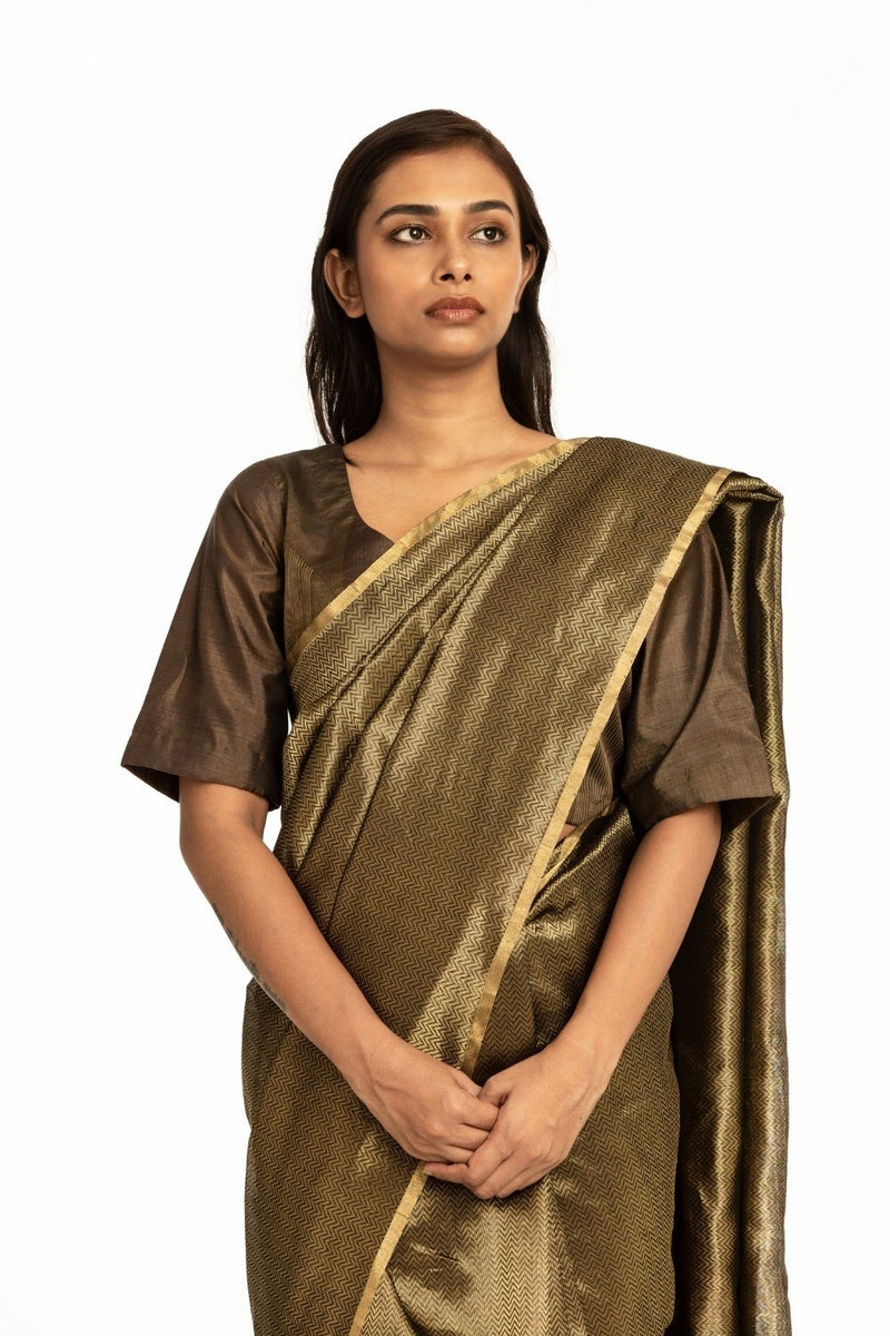 Handwoven Black Gold Metallic Chevron Saree Fashion Akaaro
