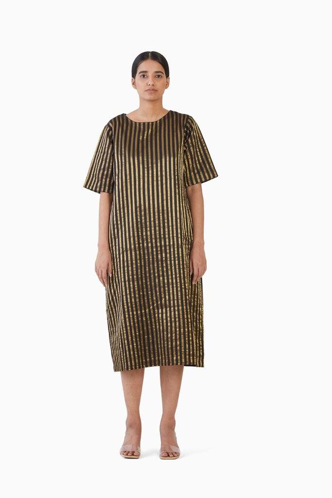 Handwoven Black Gold Striped Metallic Dress Fashion Akaaro