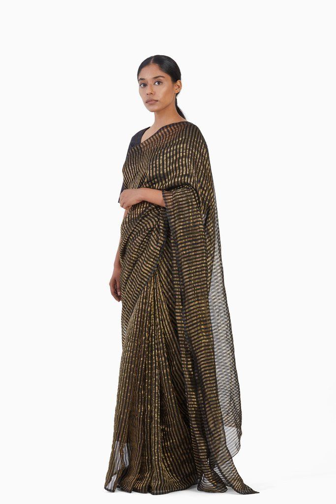 Handwoven Black Gold Striped Silk Zari Saree Sarees by Akaaro for women in Singapore