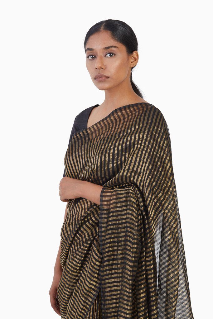 Handwoven Black Gold Striped Silk Zari Saree Sarees by Akaaro for women in Singapore