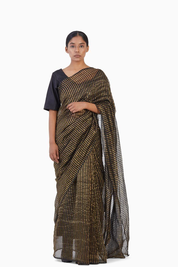 Handwoven Black Gold Striped Silk Zari Saree Sarees by Akaaro for women in Singapore