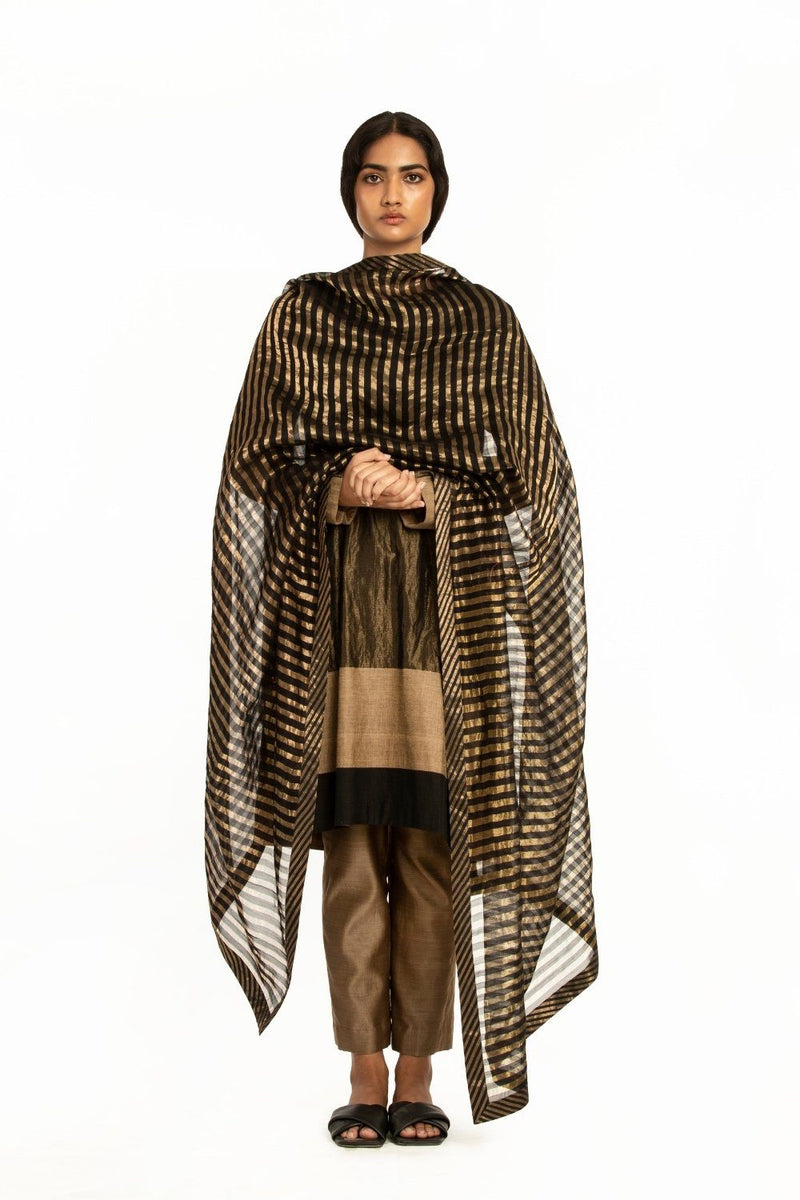 Handwoven Black Gold Striped Sillk Zari Dupatta Fashion Akaaro