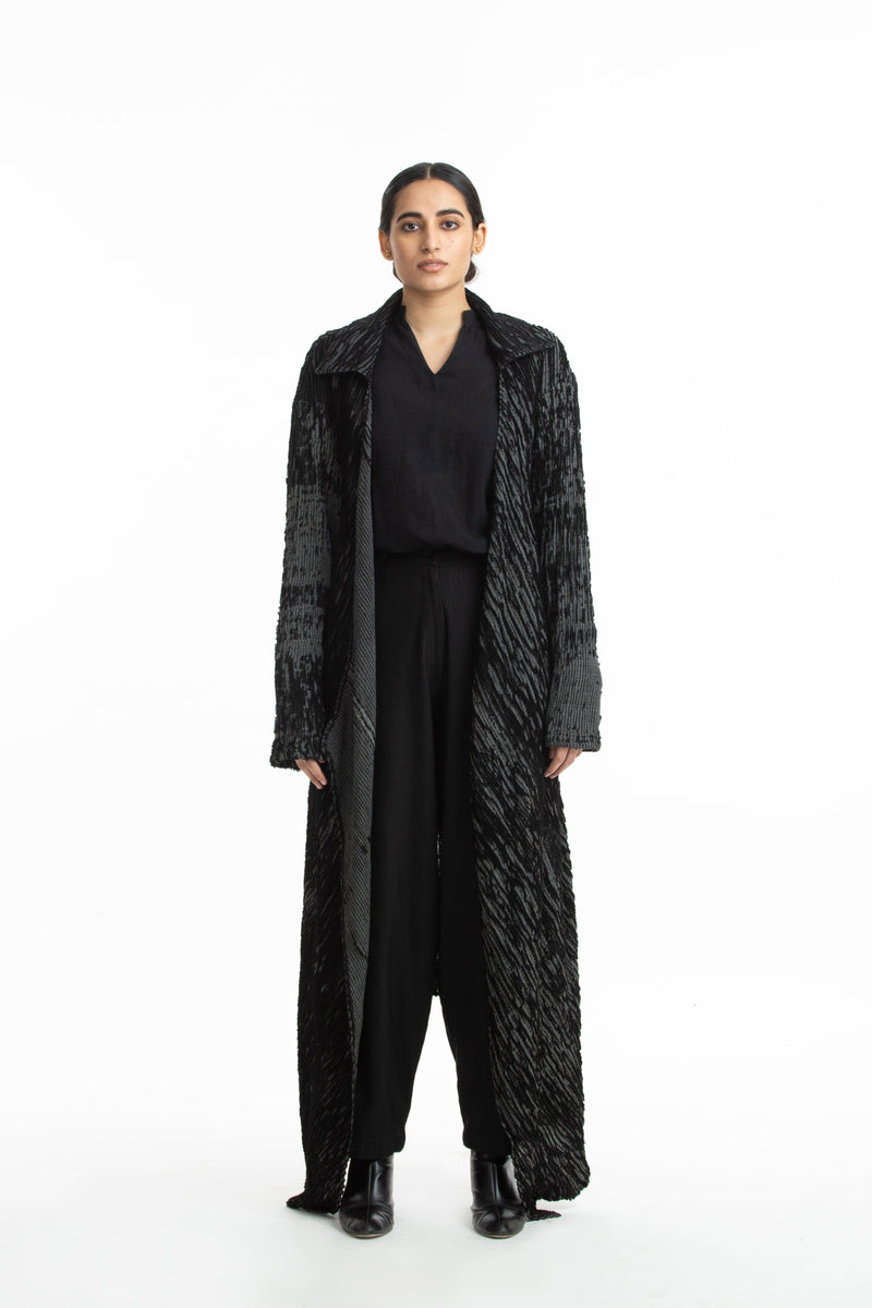 Handwoven Black Grey Merino Wool Long Coat Jackets & Overlays by Akaaro for women in Singapore
