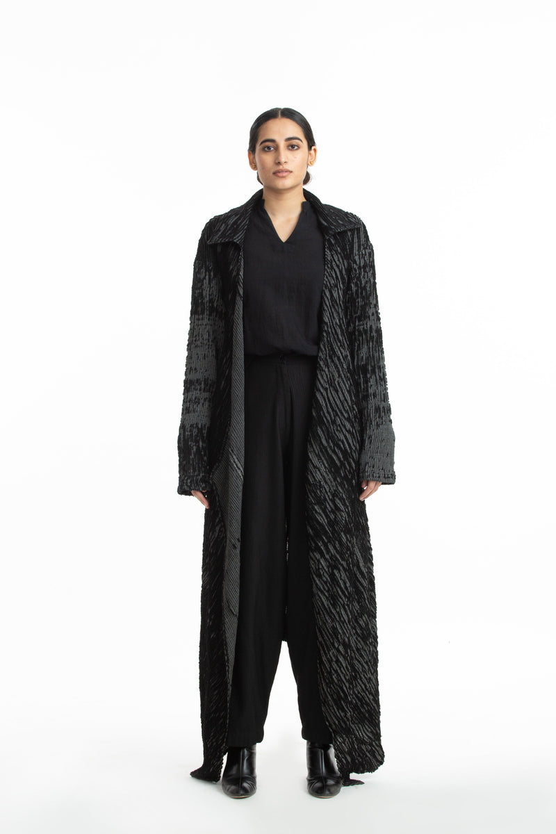Handwoven Black Grey Merino Wool Long Coat Jackets & Overlays by Akaaro for women in Singapore