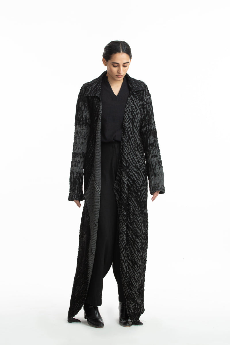 Handwoven Black Grey Merino Wool Long Coat Jackets & Overlays by Akaaro for women in Singapore