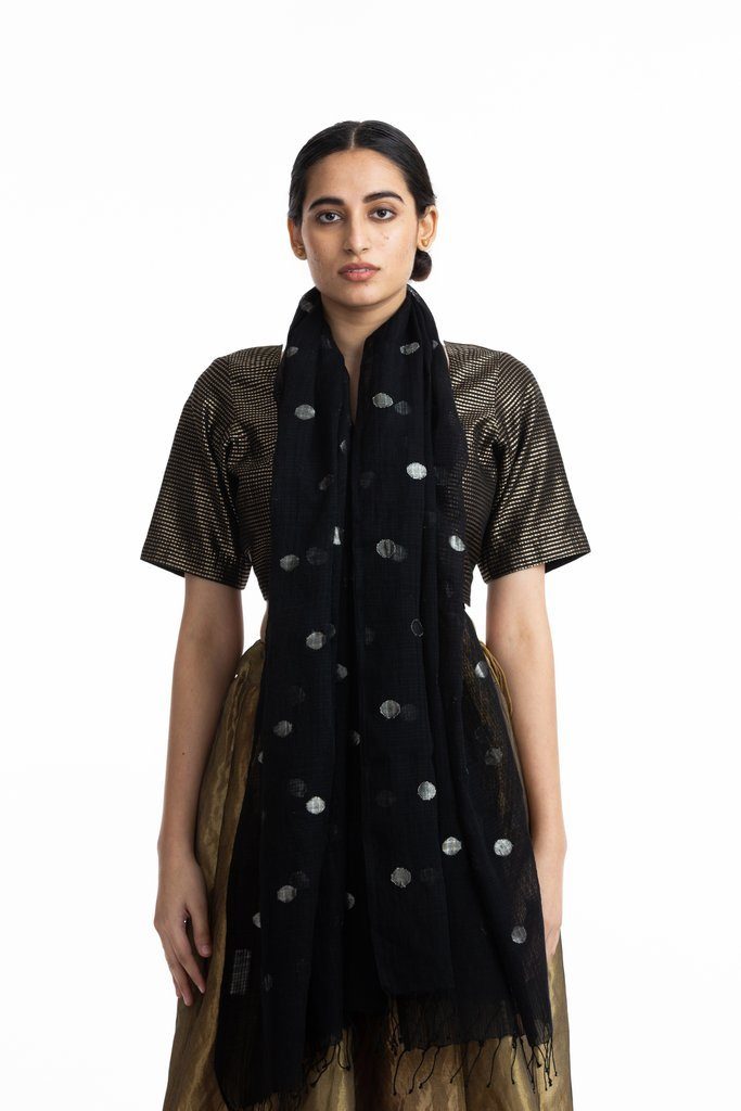 Handwoven Black Jamdani Cotton Silk Scarf Scarves & Stoles by Akaaro for women in Singapore