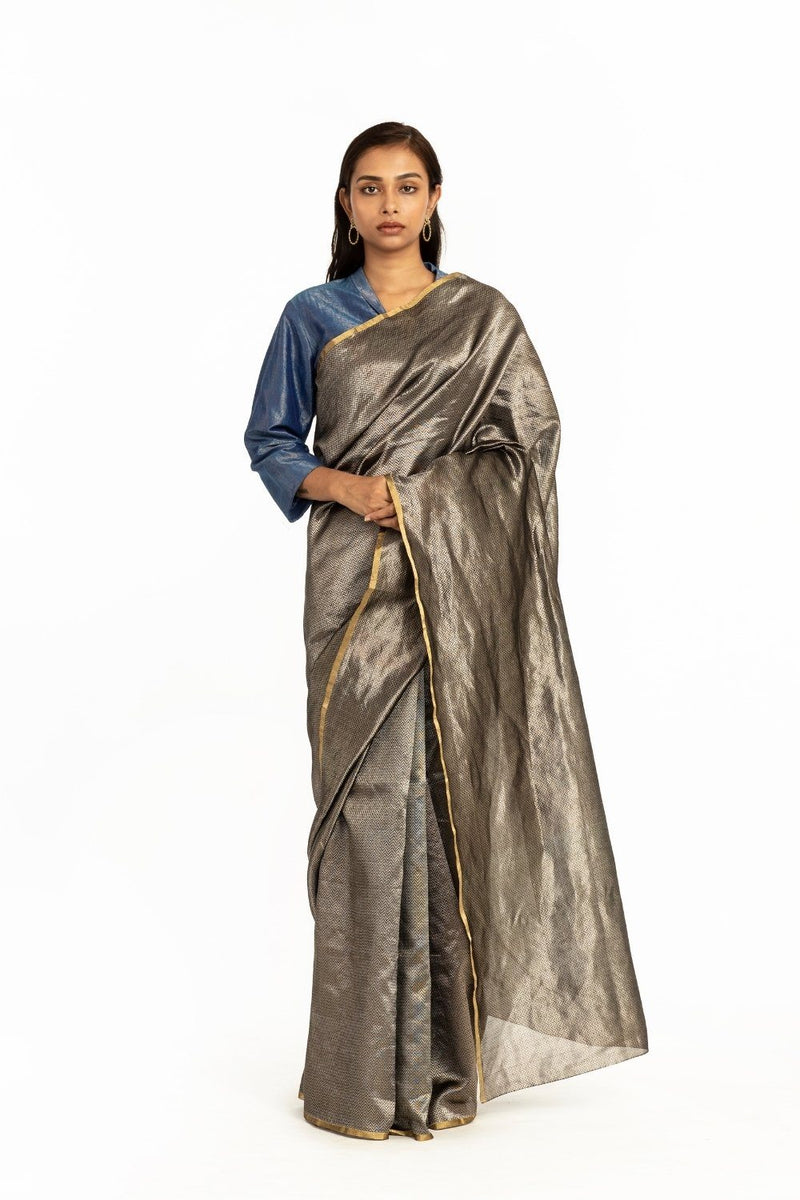 Handwoven Black Silver Metallic Chevron Saree Fashion Akaaro