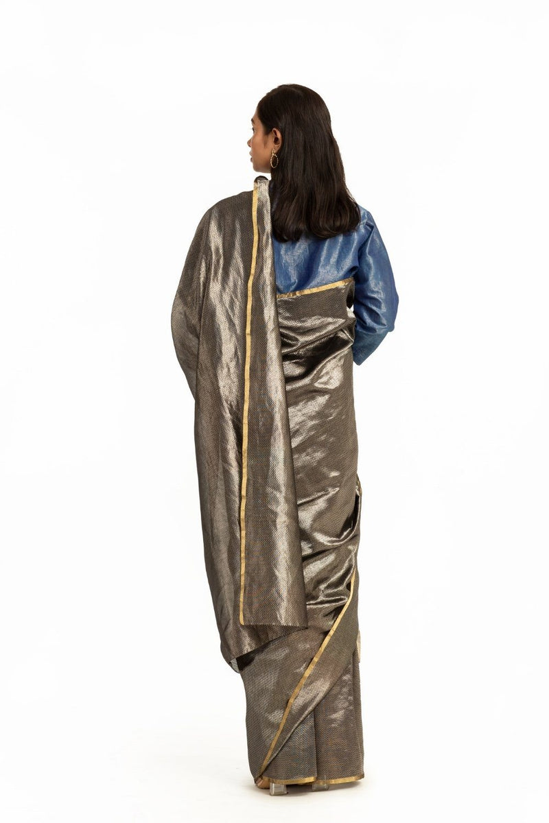 Handwoven Black Silver Metallic Chevron Saree Fashion Akaaro