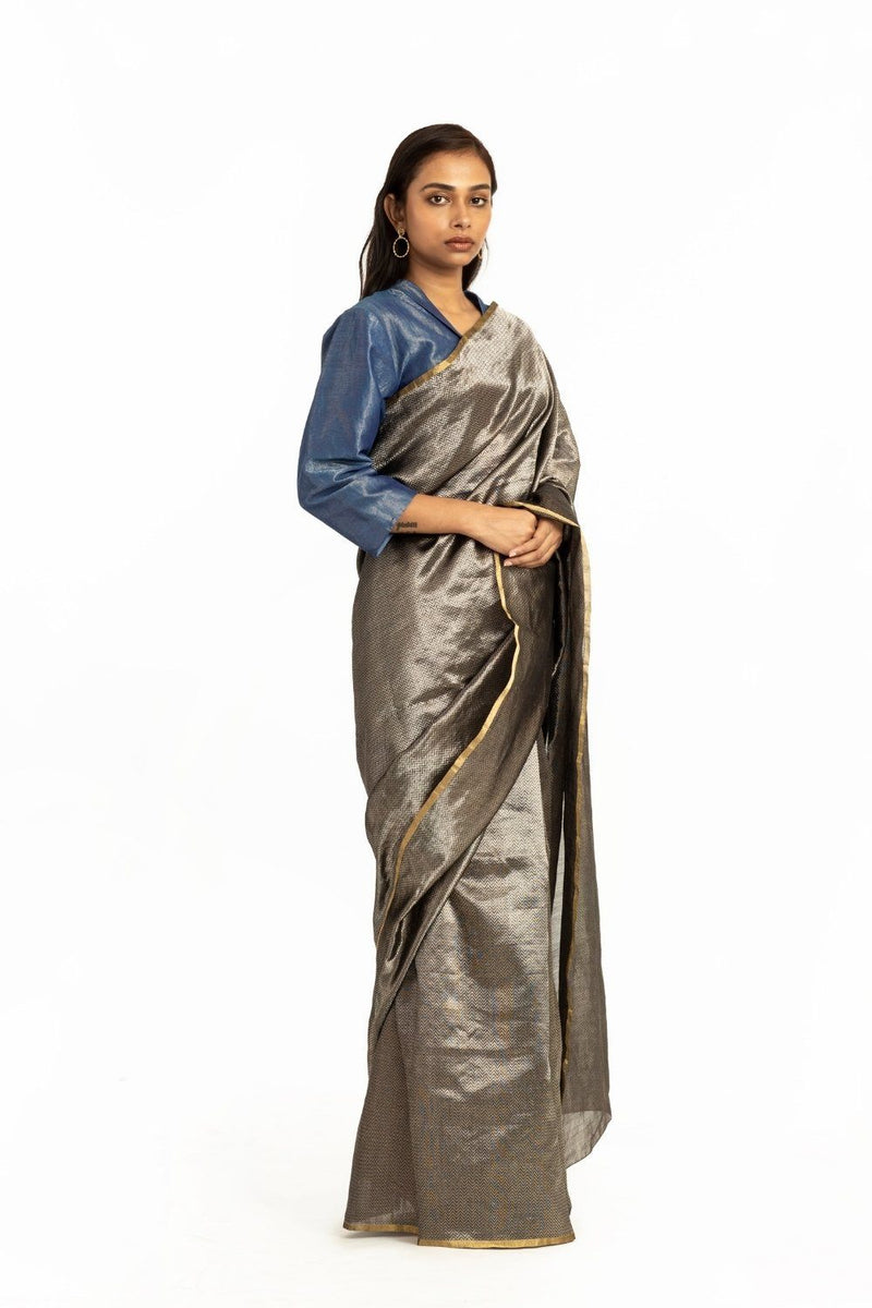 Handwoven Black Silver Metallic Chevron Saree Fashion Akaaro
