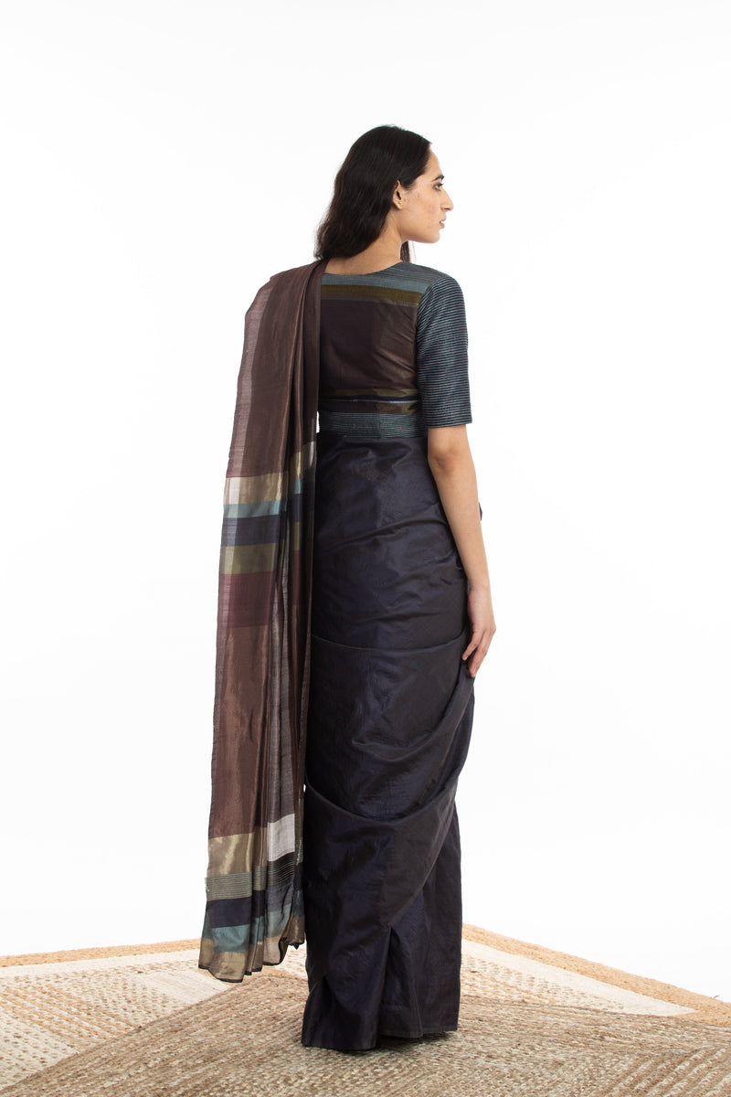 Handwoven Blue Chatai Engineered Silk Saree Sarees by Akaaro for women in Singapore
