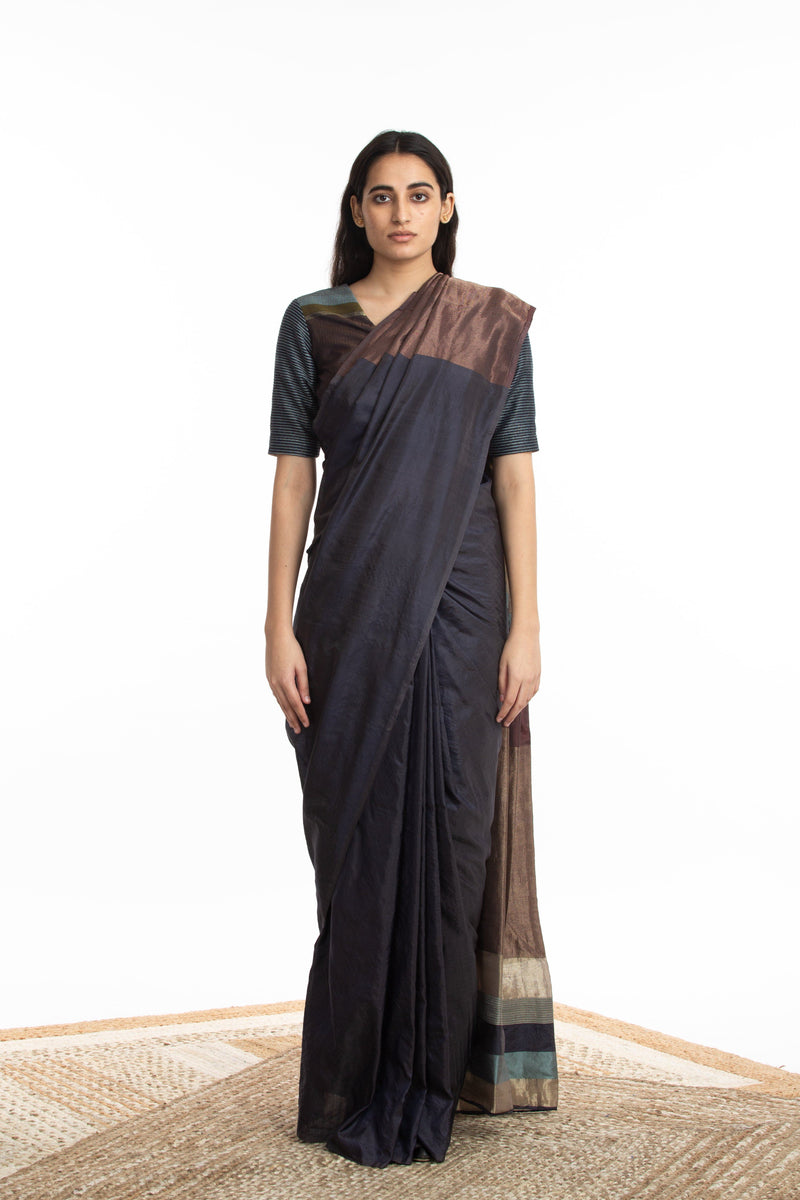 Handwoven Blue Chatai Engineered Silk Saree Sarees by Akaaro for women in Singapore