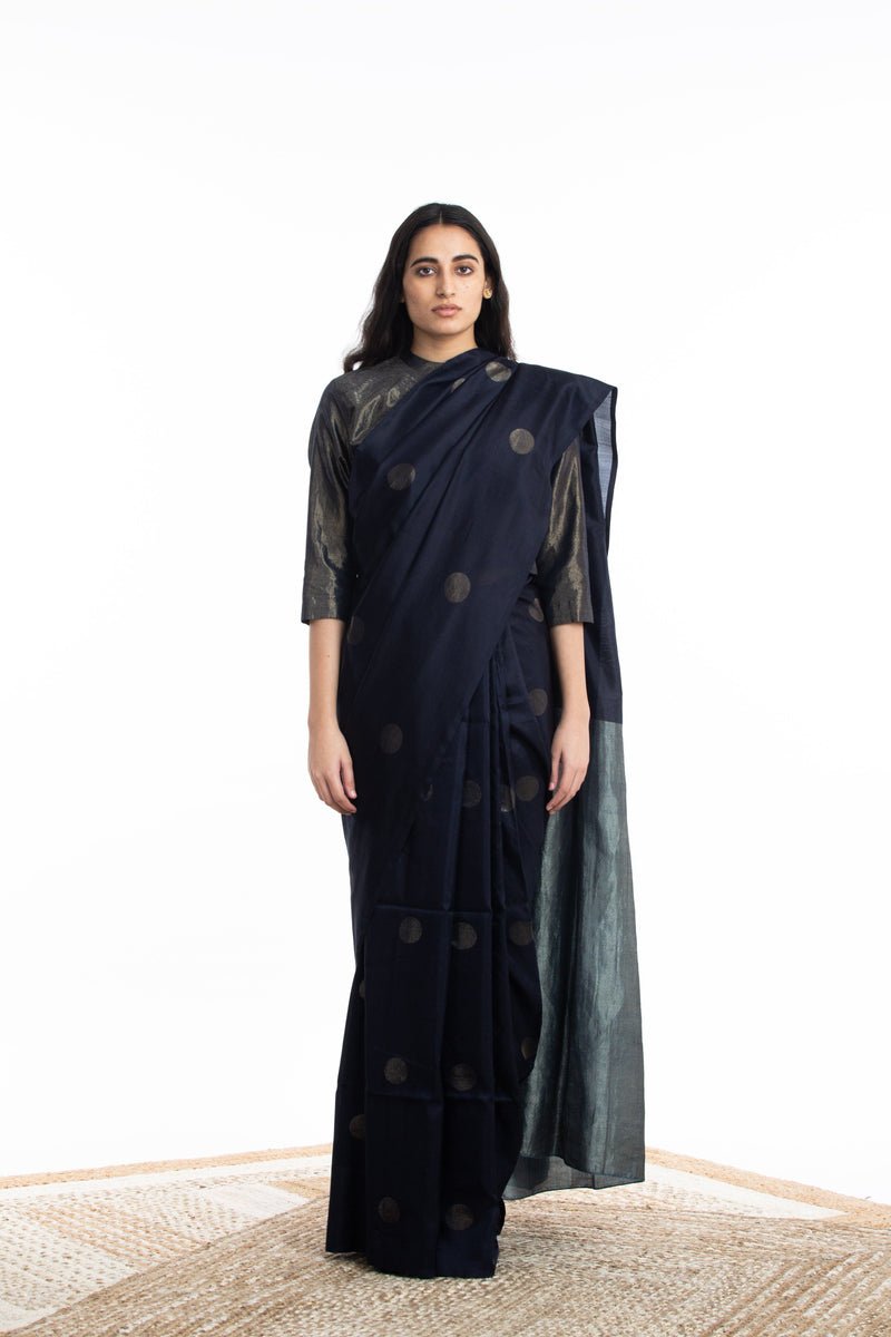 Handwoven Blue Circle Silk Saree Sarees by Akaaro for women in Singapore