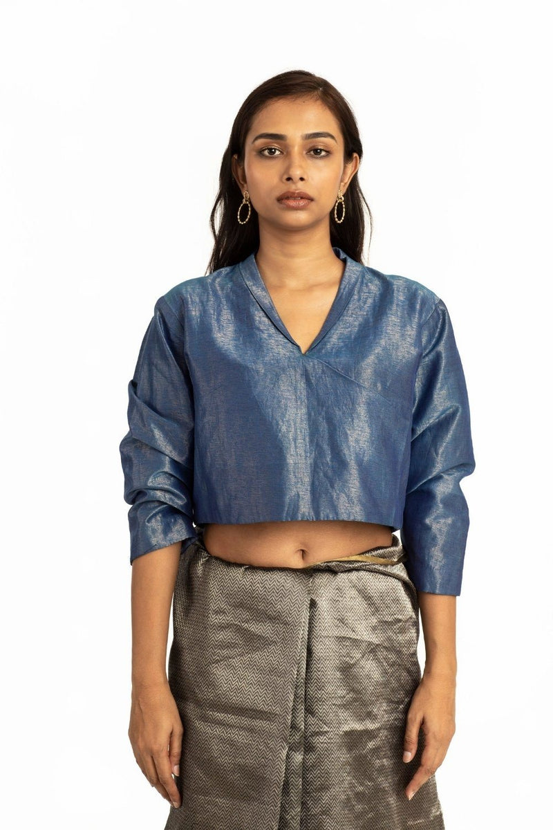 Handwoven Blue Collared Shameem Blouse Fashion Akaaro