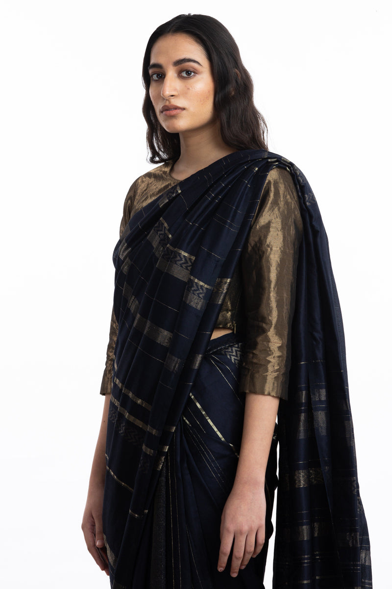 Handwoven Blue Engineered Silk Saree Sarees by Akaaro for women in Singapore