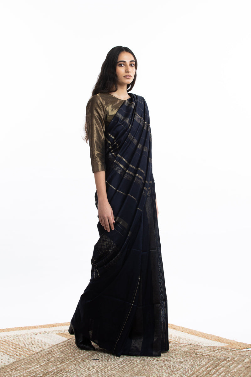 Handwoven Blue Engineered Silk Saree Sarees by Akaaro for women in Singapore