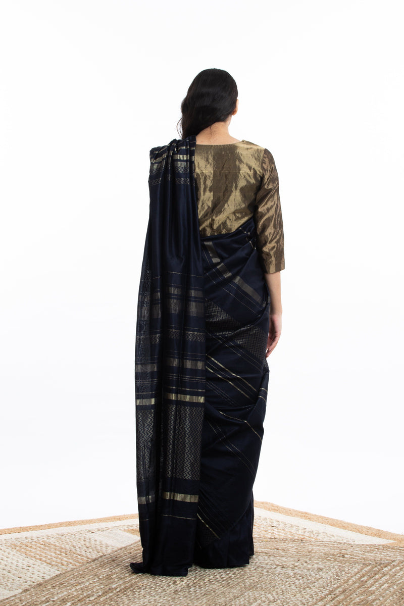 Handwoven Blue Engineered Silk Saree Sarees by Akaaro for women in Singapore