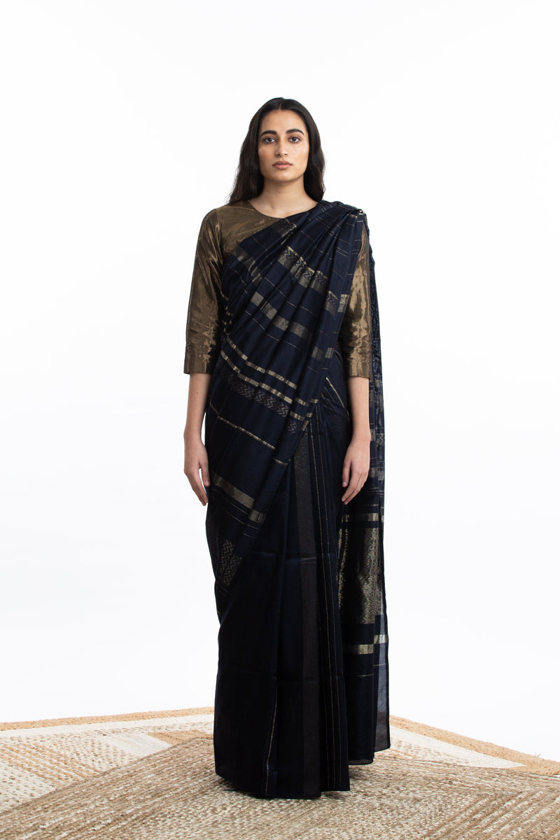 Handwoven Blue Engineered Silk Saree Sarees by Akaaro for women in Singapore