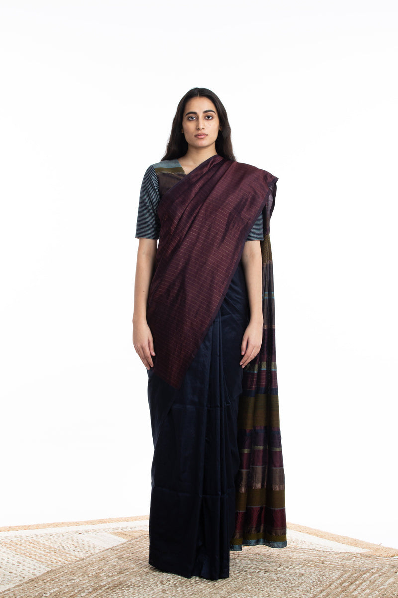 Handwoven Blue Maroon Engineered Silk Saree Sarees by Akaaro for women in Singapore