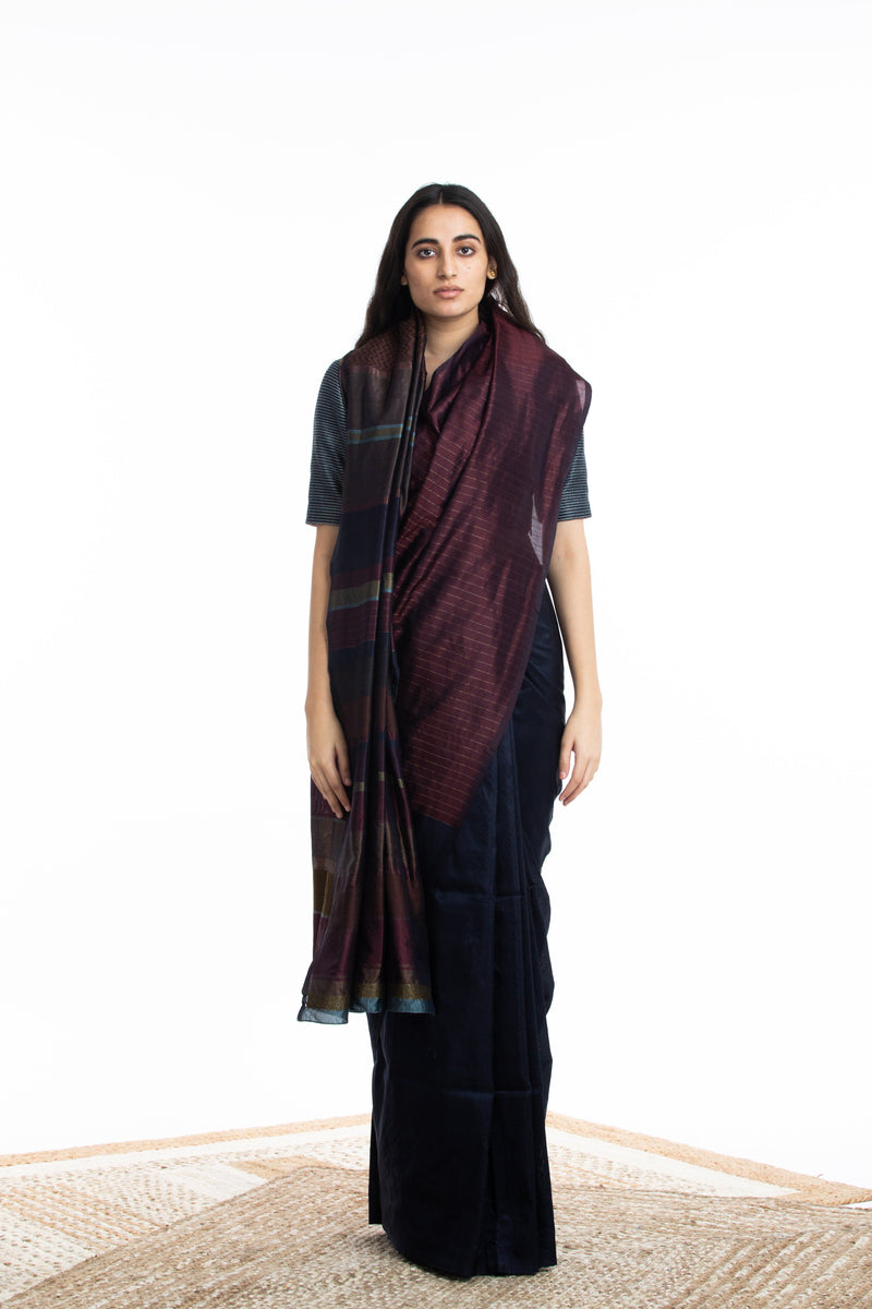Handwoven Blue Maroon Engineered Silk Saree Sarees by Akaaro for women in Singapore