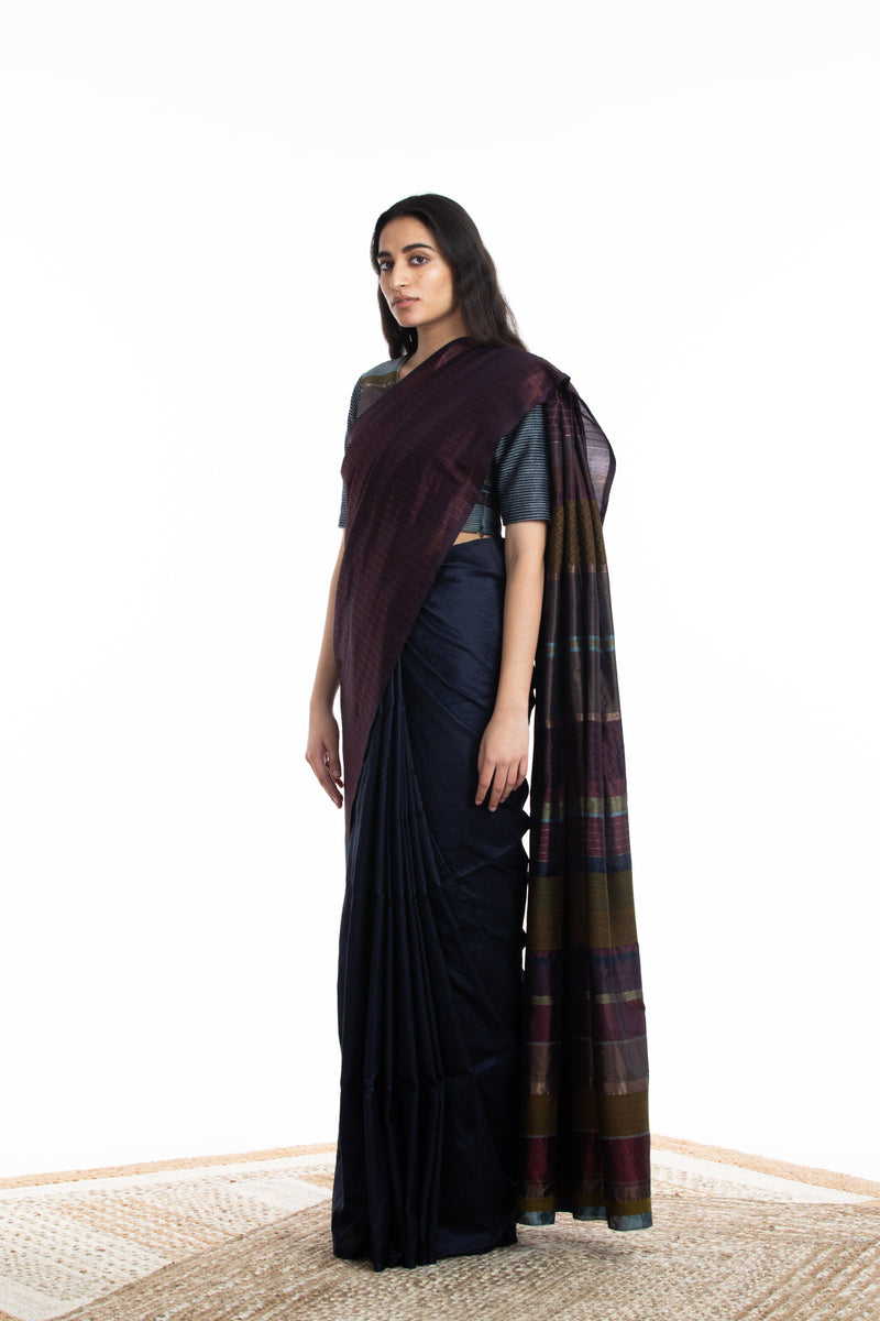 Handwoven Blue Maroon Engineered Silk Saree Sarees by Akaaro for women in Singapore