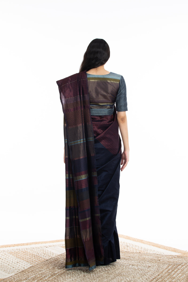 Handwoven Blue Maroon Engineered Silk Saree Sarees by Akaaro for women in Singapore