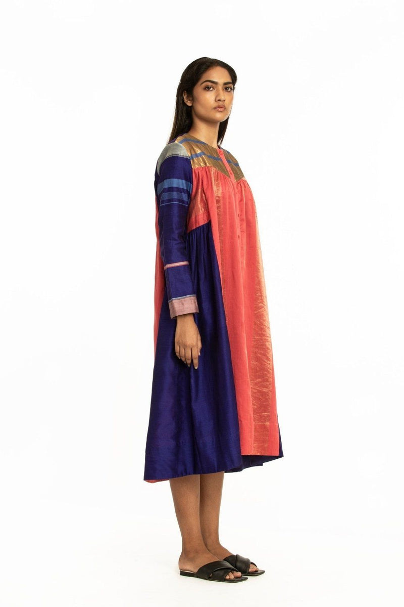 Handwoven Blue Pink Front Back Gathered Dress Fashion Akaaro