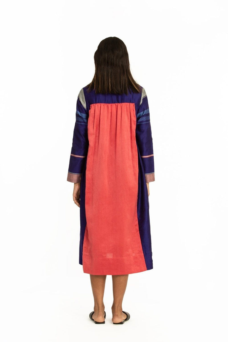 Handwoven Blue Pink Front Back Gathered Dress Fashion Akaaro