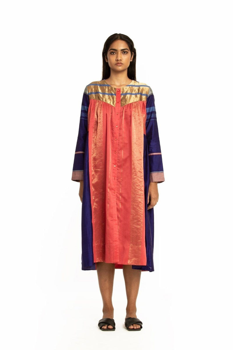 Handwoven Blue Pink Front Back Gathered Dress Fashion Akaaro