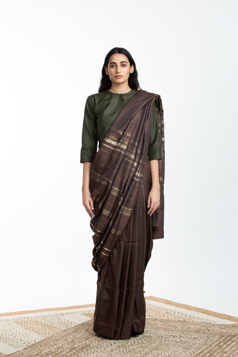 Handwoven Brown Engineered Silk Saree Sarees by Akaaro for women in Singapore