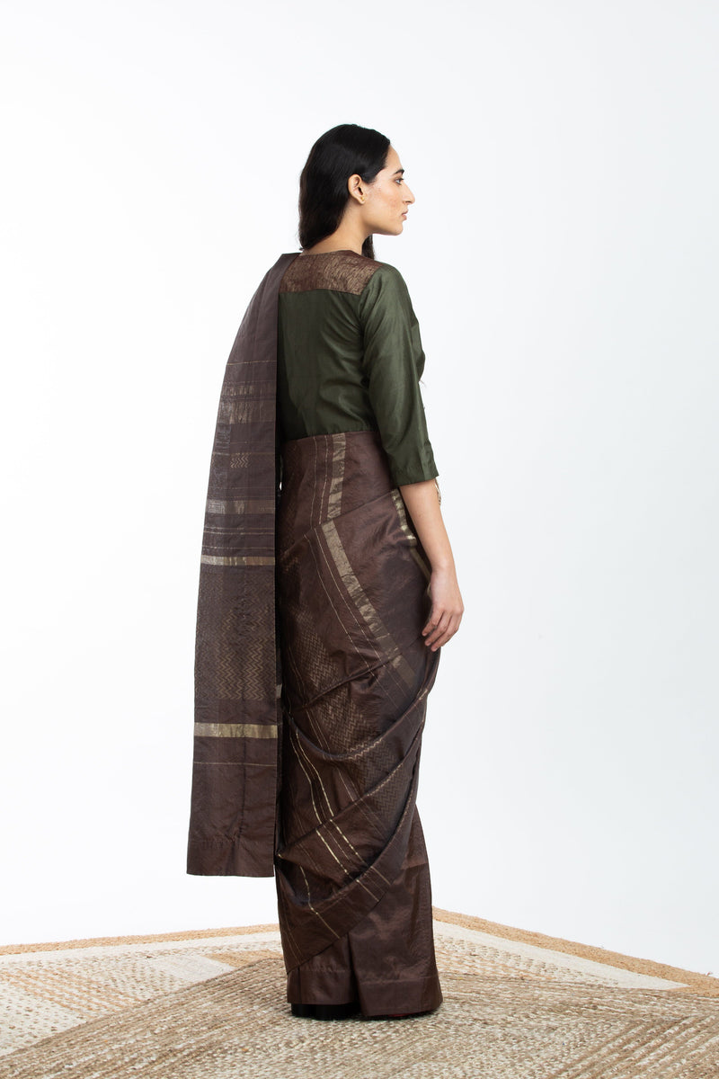 Handwoven Brown Engineered Silk Saree Sarees by Akaaro for women in Singapore
