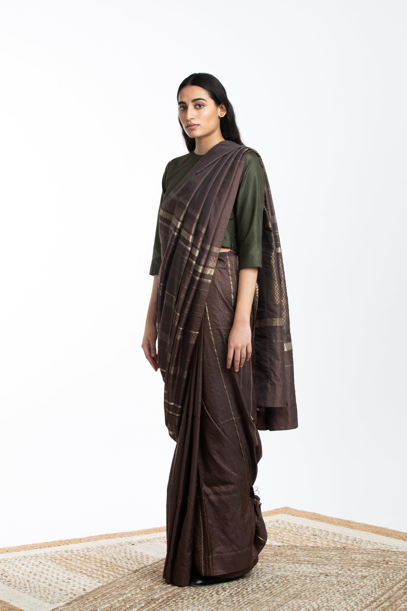 Handwoven Brown Engineered Silk Saree Sarees by Akaaro for women in Singapore
