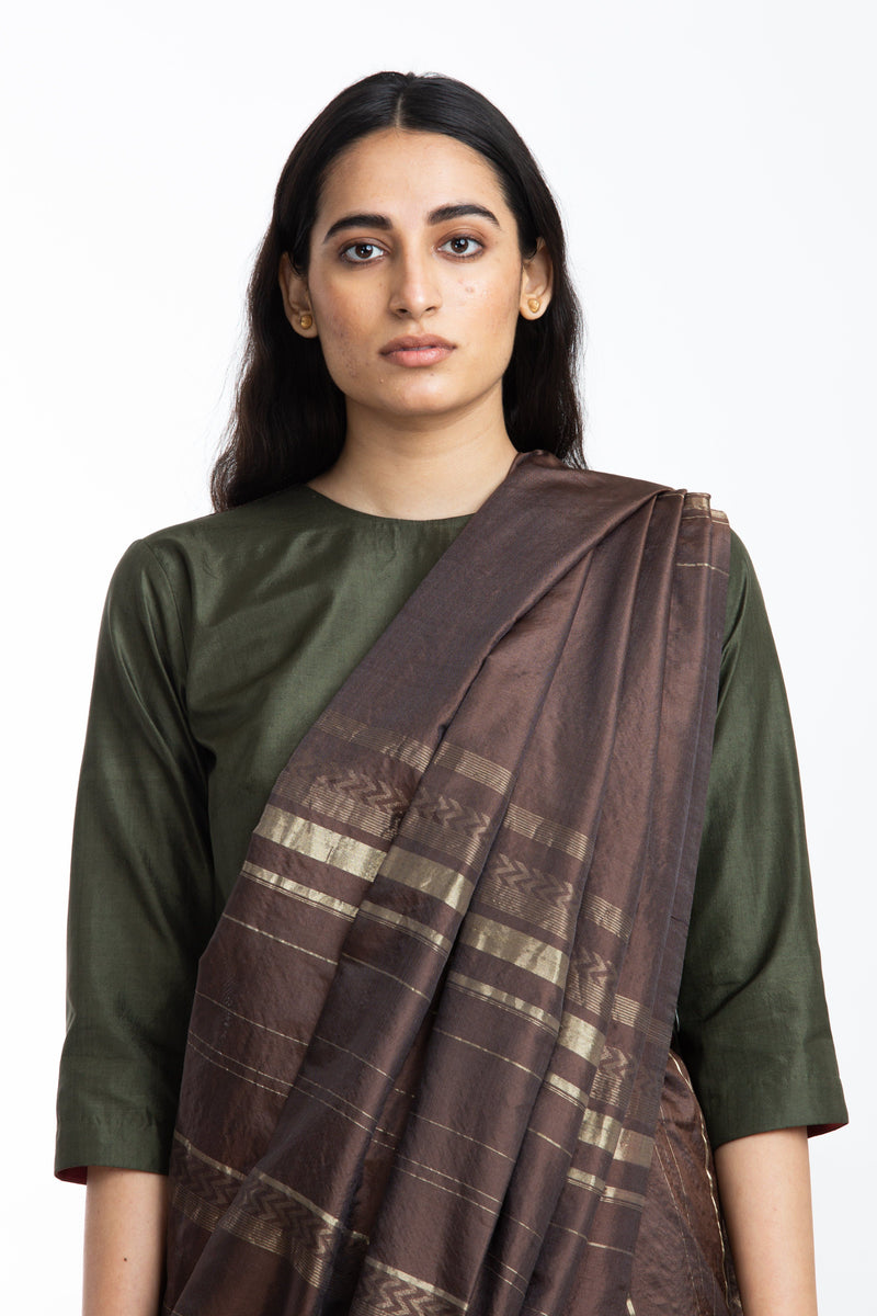 Handwoven Brown Engineered Silk Saree Sarees by Akaaro for women in Singapore