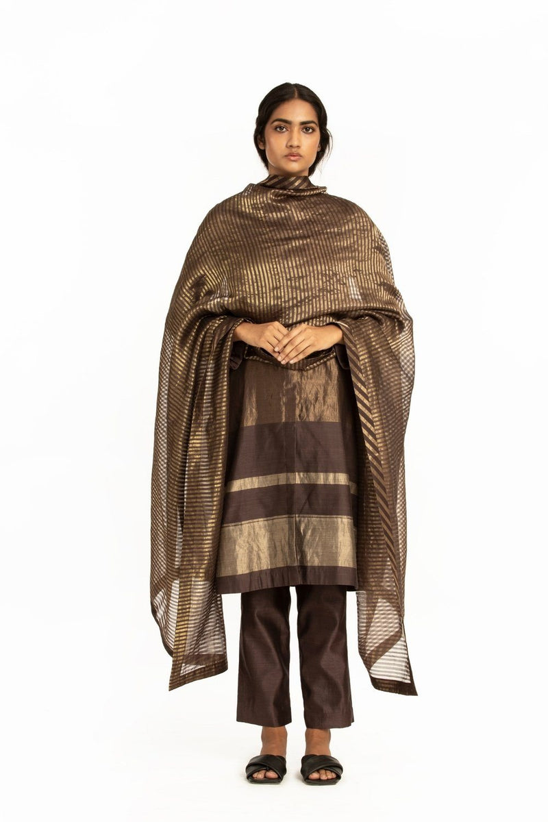Handwoven Brown Striped Silk Zari Dupatta Fashion Akaaro