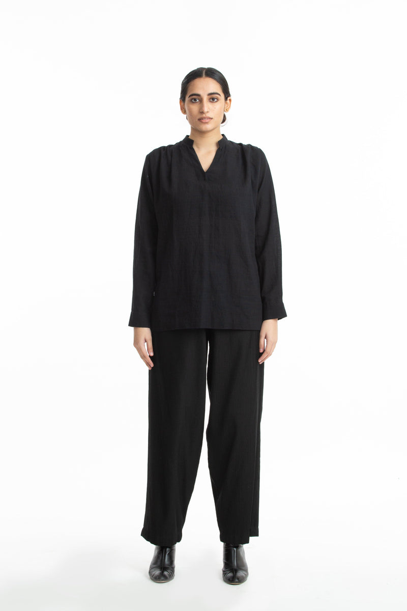Handwoven Collared Black Cotton Top Top & Tunics by Akaaro for women in Singapore