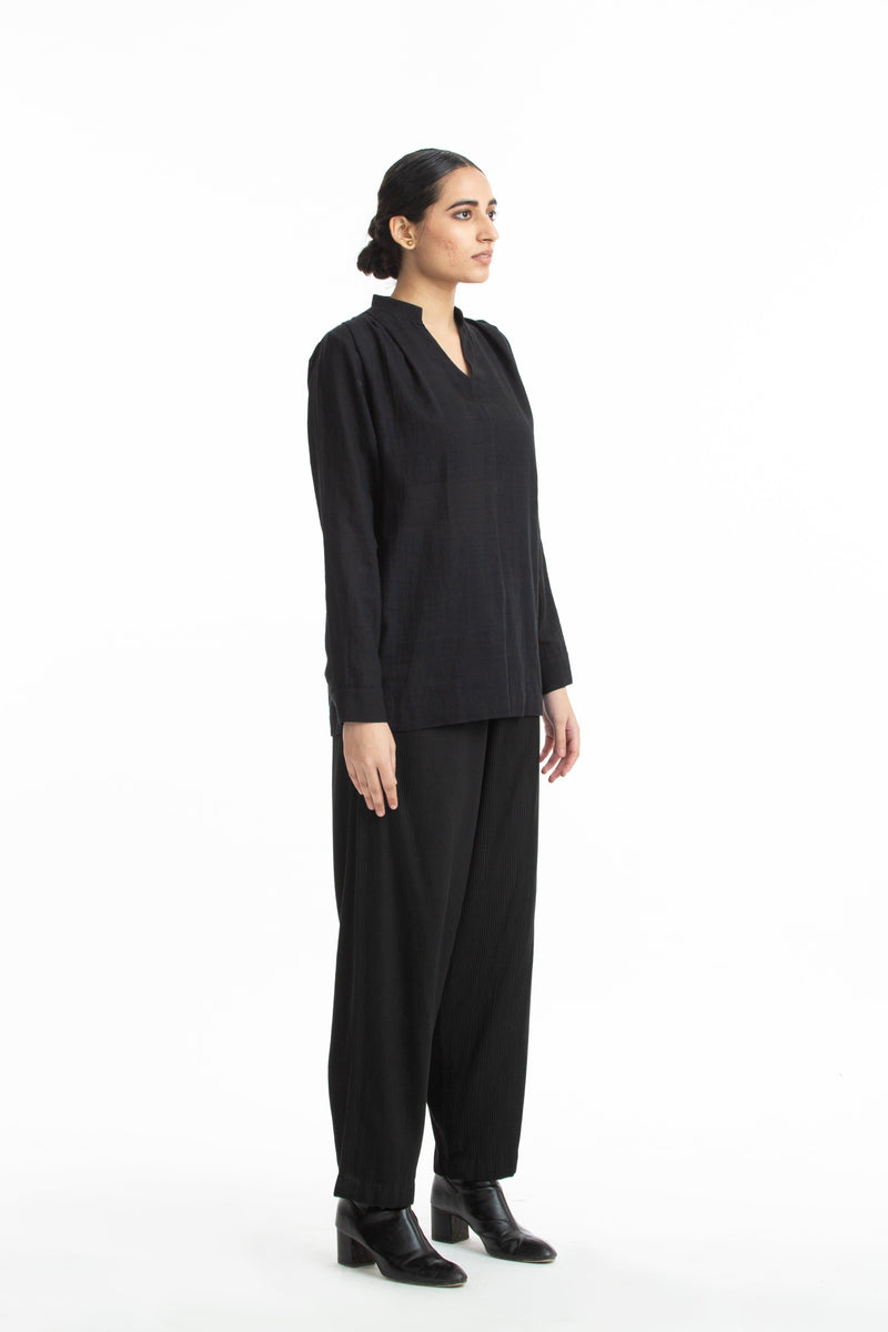 Handwoven Collared Black Cotton Top Top & Tunics by Akaaro for women in Singapore