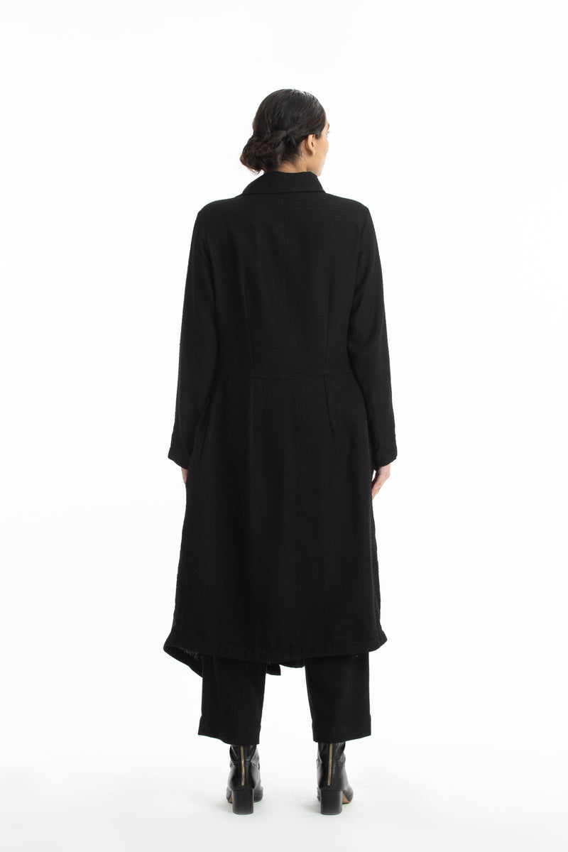 Handwoven Collared Side Gathered Black Marino Wool Coat Jackets & Overlays by Akaaro for women in Singapore