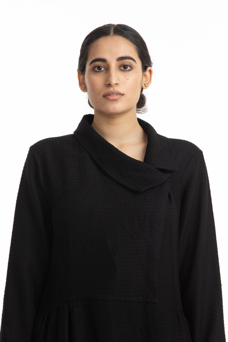Handwoven Collared Side Gathered Black Marino Wool Coat Jackets & Overlays by Akaaro for women in Singapore