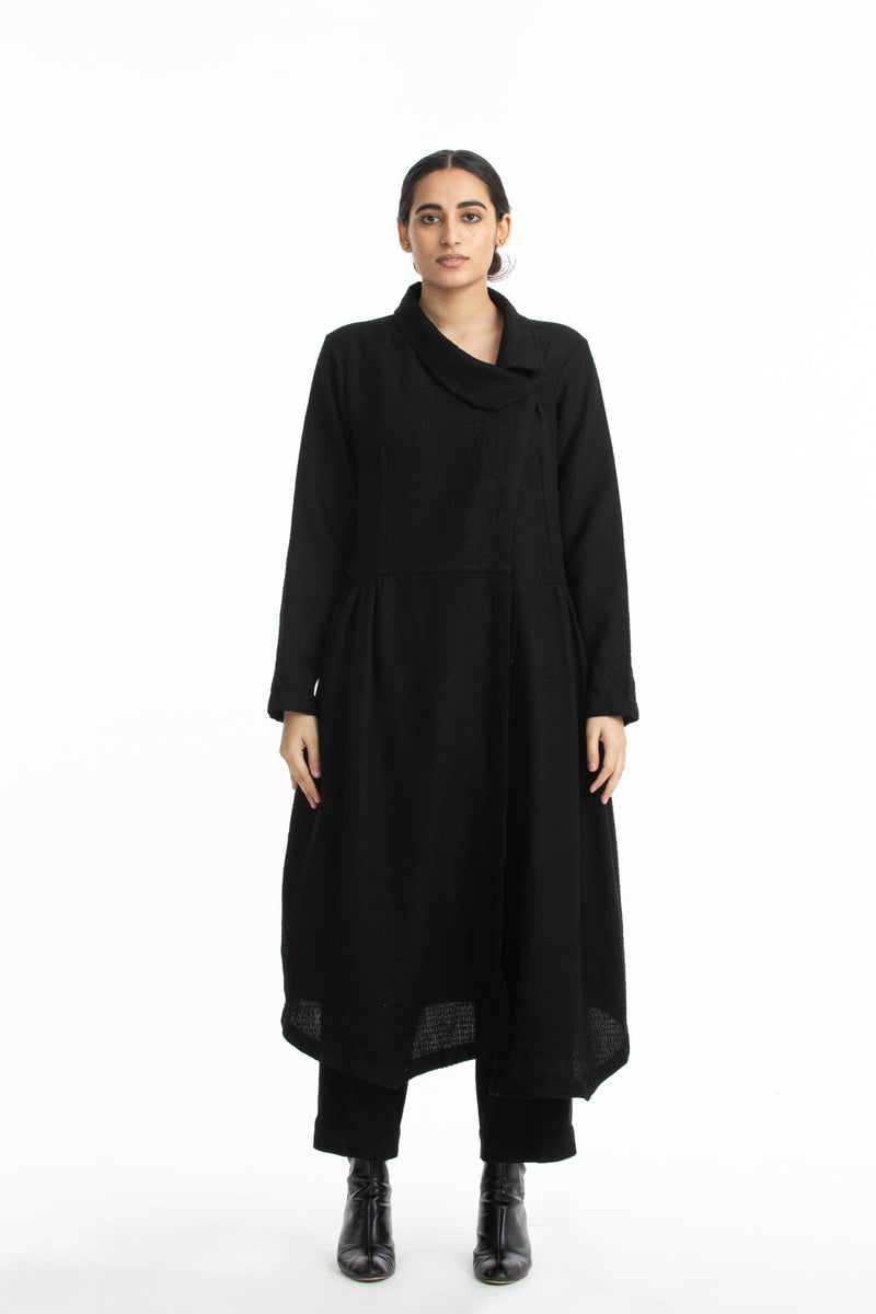 Handwoven Collared Side Gathered Black Marino Wool Coat Jackets & Overlays by Akaaro for women in Singapore