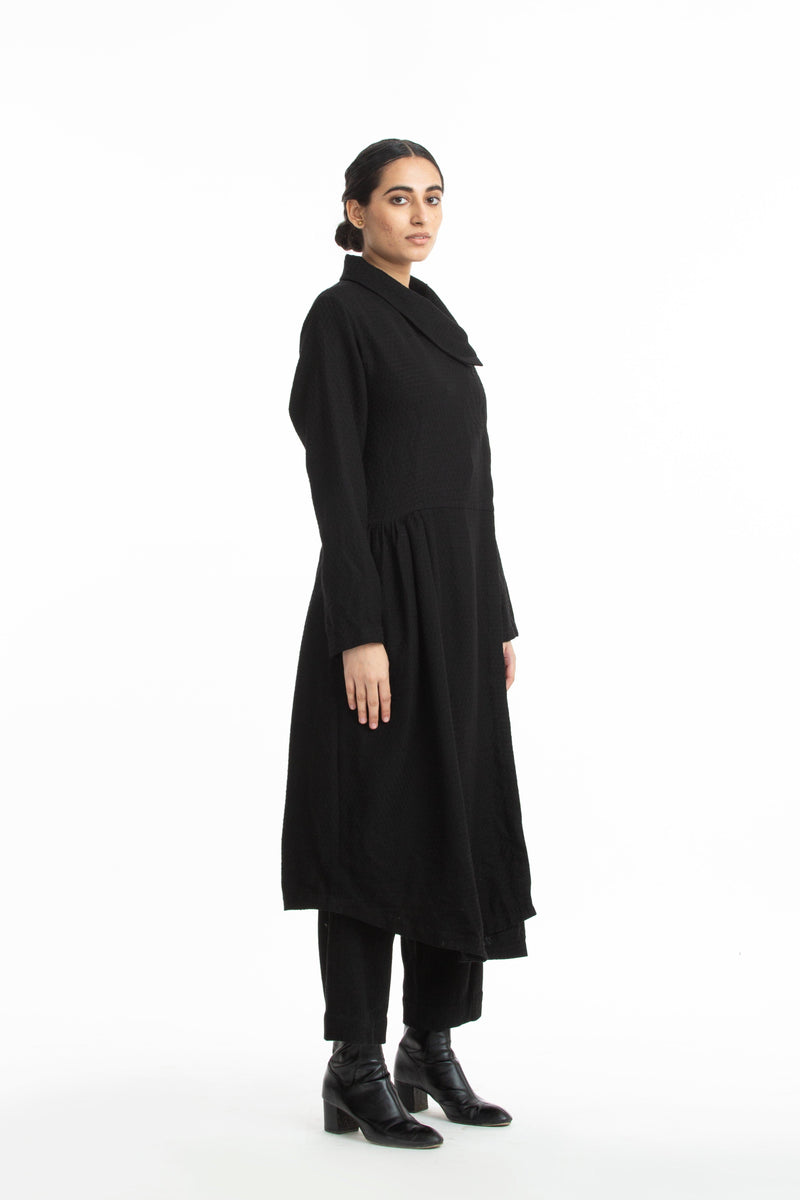 Handwoven Collared Side Gathered Black Marino Wool Coat Jackets & Overlays by Akaaro for women in Singapore