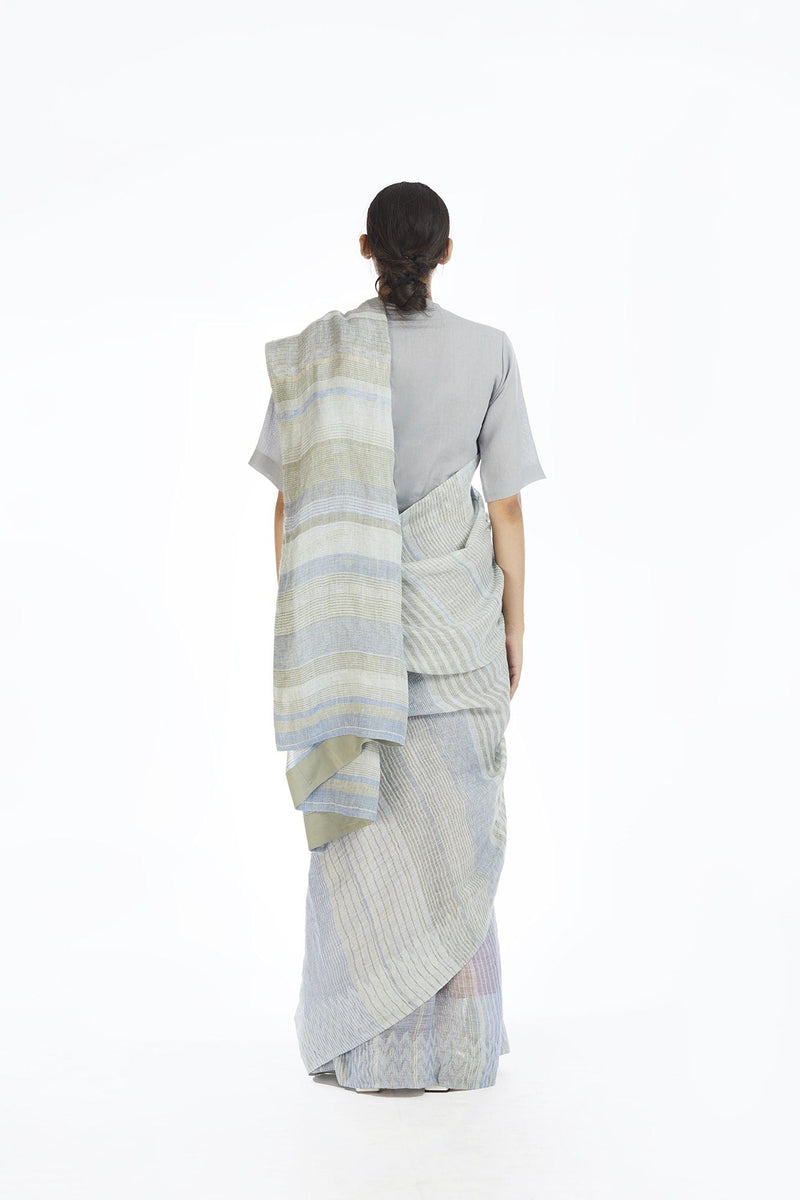Handwoven Engineered Jaamdani Striped Linen Saree linen Sarees by Akaaro for women in Singapore