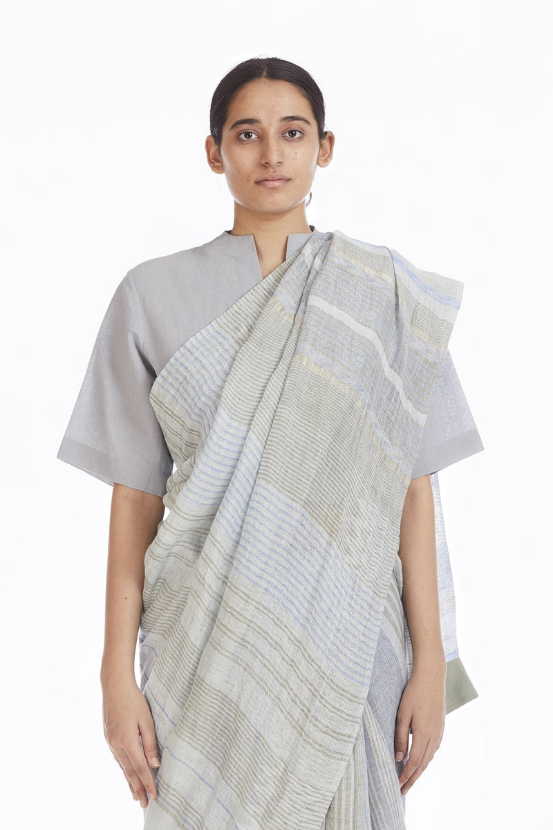Handwoven Engineered Jaamdani Striped Linen Saree linen Sarees by Akaaro for women in Singapore