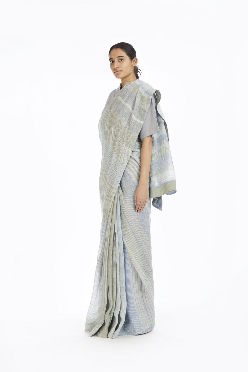 Handwoven Engineered Jaamdani Striped Linen Saree linen Sarees by Akaaro for women in Singapore